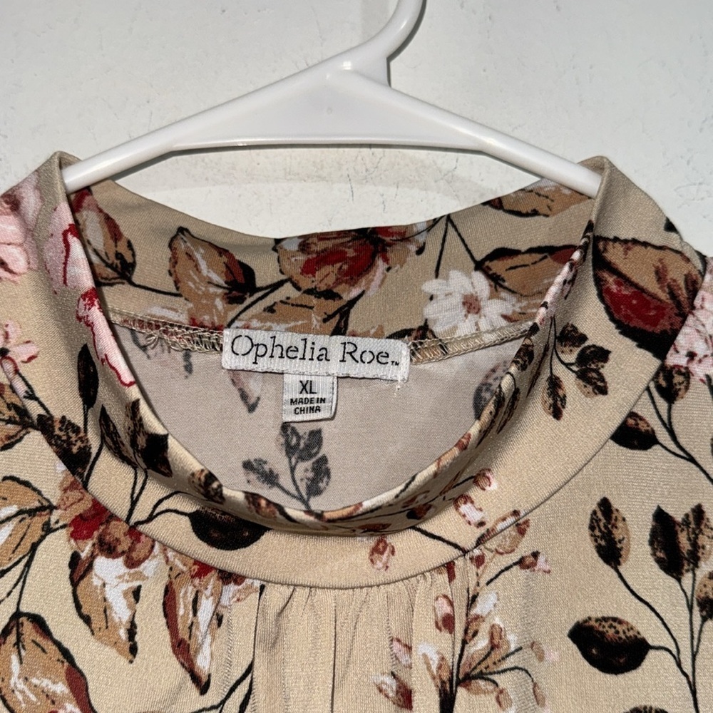 Ophelia Roe blouse Beige Floral shirt Pink Red Accents cinched puff sleeve xl - Picture 3 of 6
